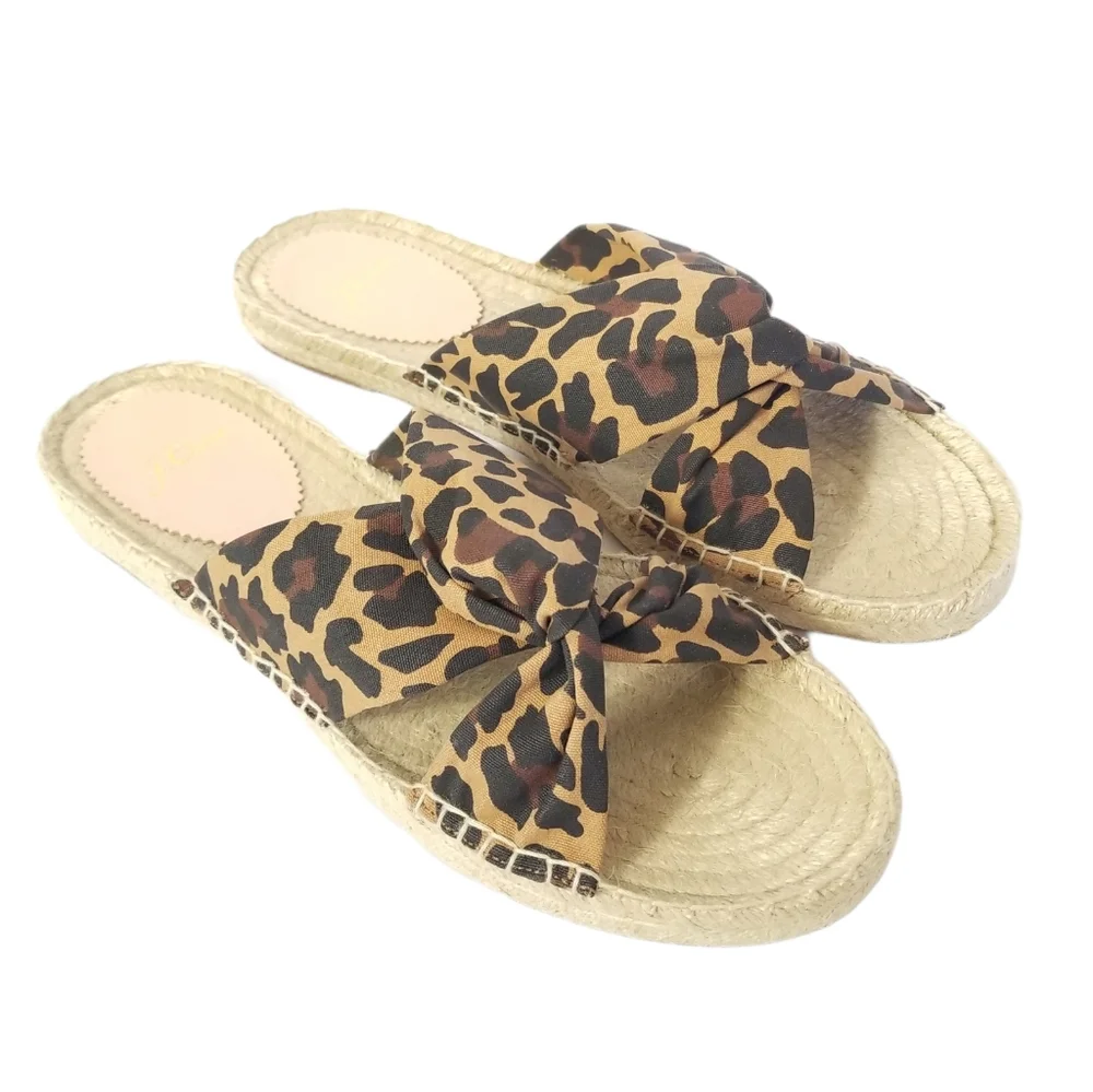 J.CREW Leopard Canvas Twisted Knot Espadrille Flats Sandal Sz 8.5 Cheetah Brown